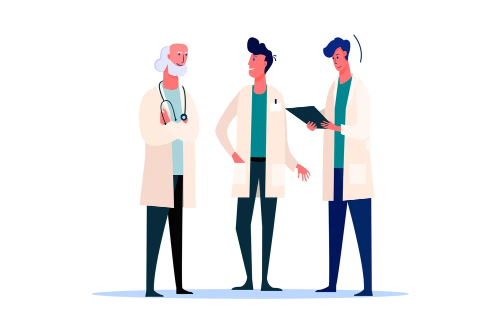 Three doctors talking. Communication flat vector illustration. Medical service concept for banner, website design or landing web page