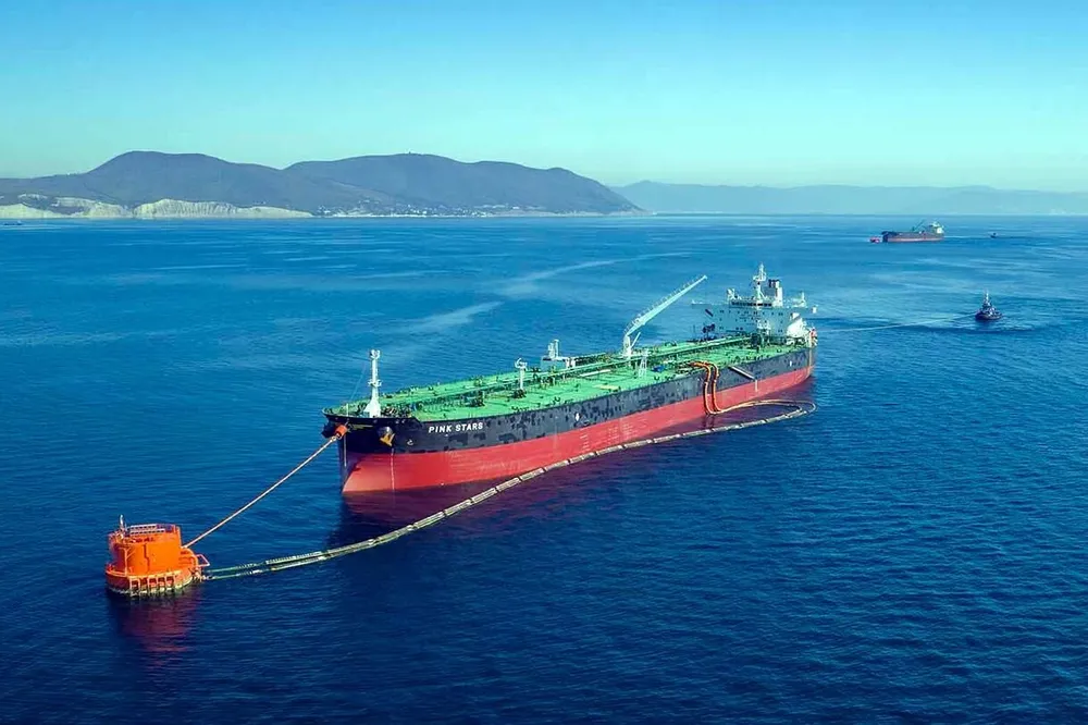 A tanker and loading buoy at the Caspian Pipeline Consortium loading terminal near the Russian port of Novorossiysk on the Black Sea.