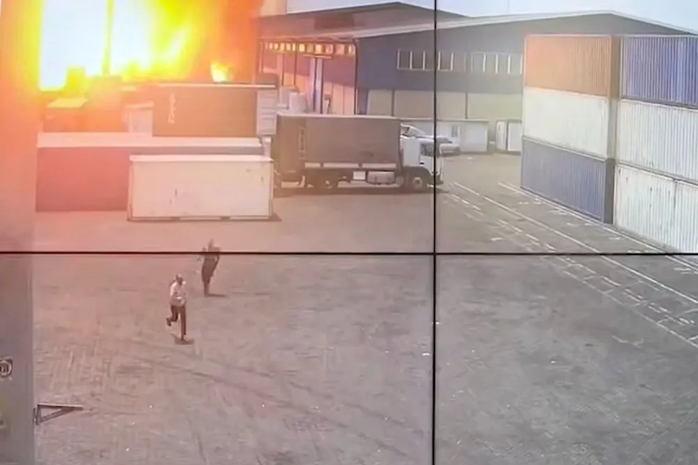 CCTV footage shows fire from the explosion at the Shahid Rajaee port in Bandar Abbas.