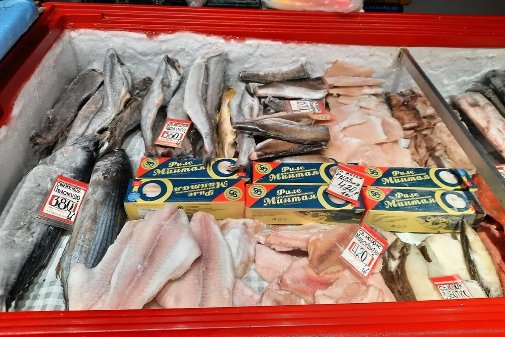 Pollock fillets on sale at the city market in Kaliningrad, Russia.