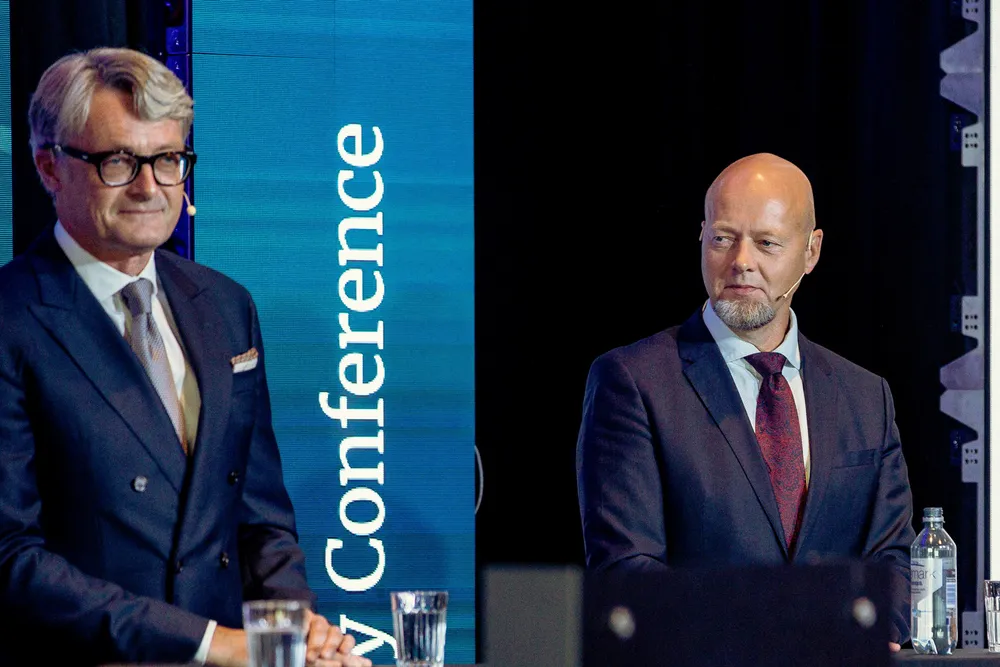 Yngve Slyngstad (til høyre) begynte å jobbe for Aker og konsernsjef Øyvind Eriksen i mars 2022.