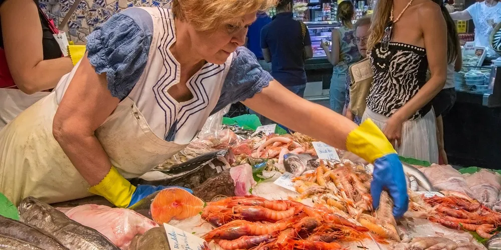 A seafood market stall in Barcelona.