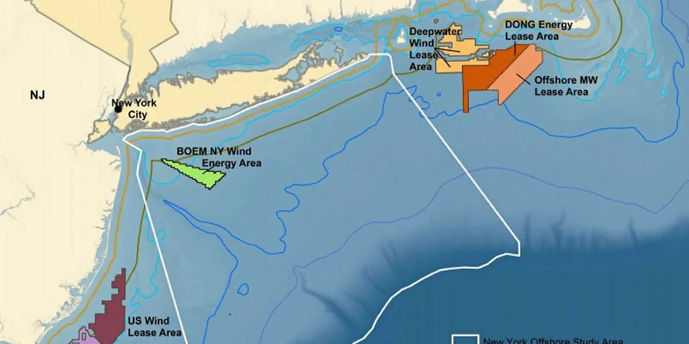 New York believes an area three times the size of Statoil's leased zone (in green) will be needed to meet its 2.4GW offshore wind target. NYSERDA is conducting in-depth studies of the area within the white line.