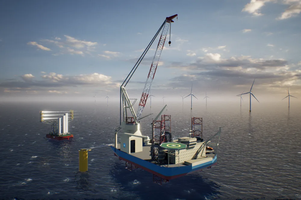 Empire Wind-prosjektet utenfor New York har fått slakt av flere analytikere. Bildet er en illustrasjon av installasjonsfartøyet som skal sette opp vindmøllene.