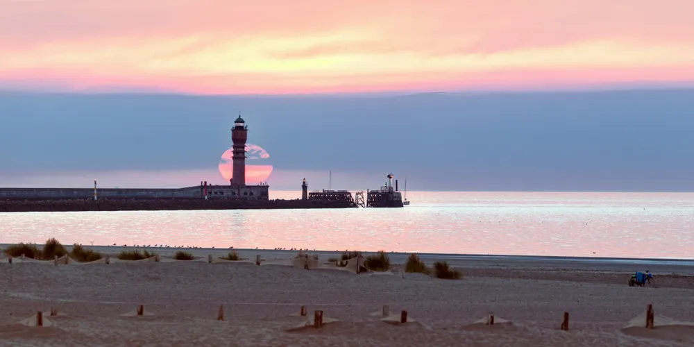 Feu de Saint Pol Lighthouse in Dunkirk at sunset. Dunkirk, Hauts-de-France, France.