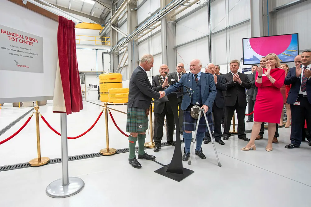 Royal visit: HRH Prince Charles, Duke of Rothesay officially opens the Balmoral Subsea Test Centre in Aberdeen.. The prince (left) is shaking the hand of Jim Milne, chairman and managing director of Balmoral