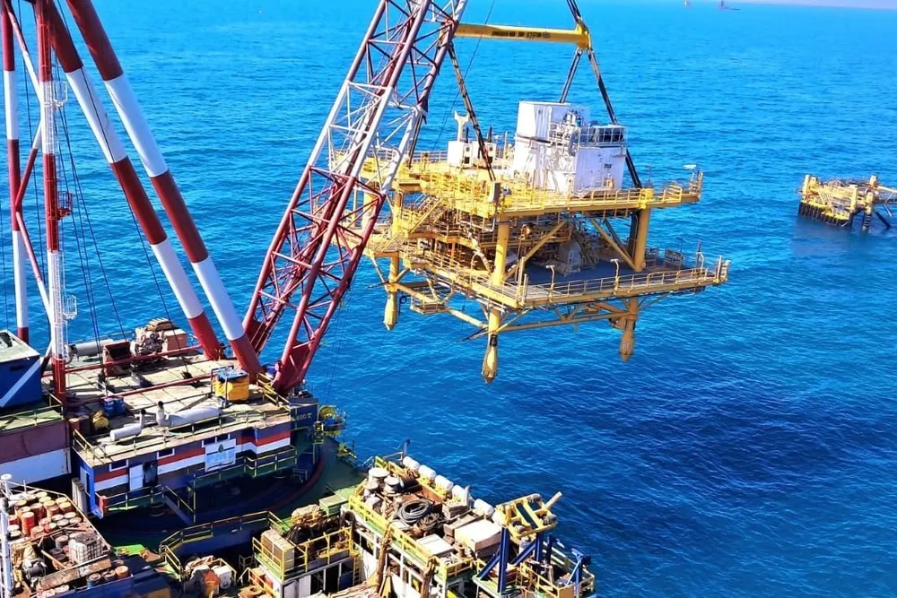 Petroleum Marine Services' PMS 12 barge installs a deck as part of Cheiron's West El Burullus gas project offshore Egypt.