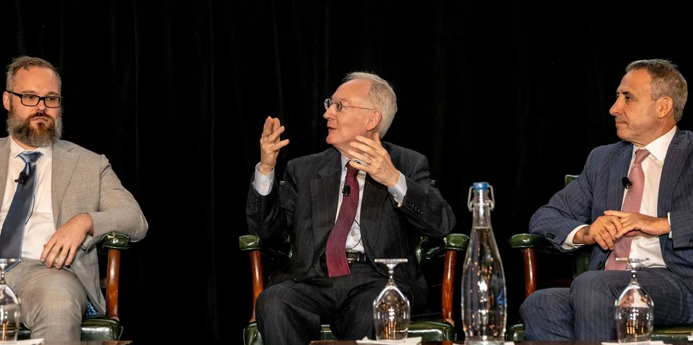 Star Bulk Carriers president Hamish Norton (centre) speaks at the TradeWinds Shipowners Forum USA in New York in April 2024. He is joined by Deutsche Bank analyst Chris Robertson (left) and Mark Friedman of Evercore.