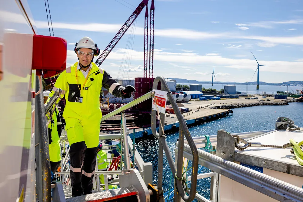 Stepping up: Norwegian Prime Minister Jonas Gahr Store at the Hywind Tampen site in Gulen
