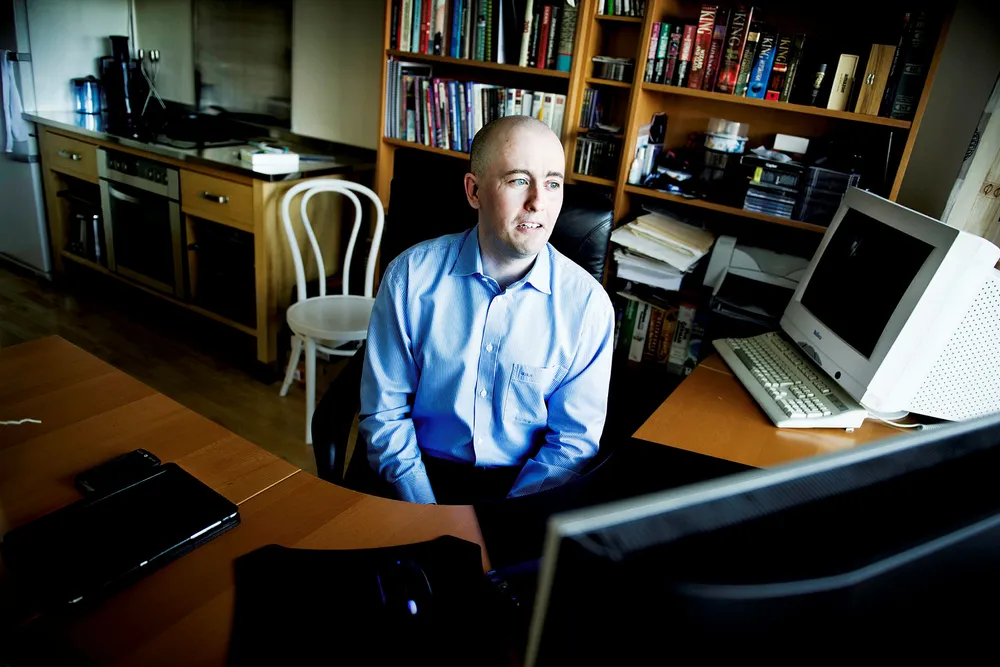 - Det går jo med en del strøm, men det fine er jo at jeg slipper å varme opp leiligheten med panelovner, sa kryptovaluta-gründer Geir Harald Hansen da DN møtte ham i hans leilighet og han fortalte om bitcoin-utvinningen. Bildet er fra 2011.
