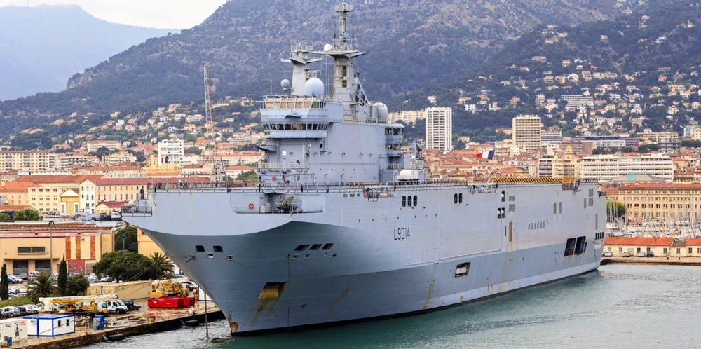 A French naval vessel in the port of Toulon.