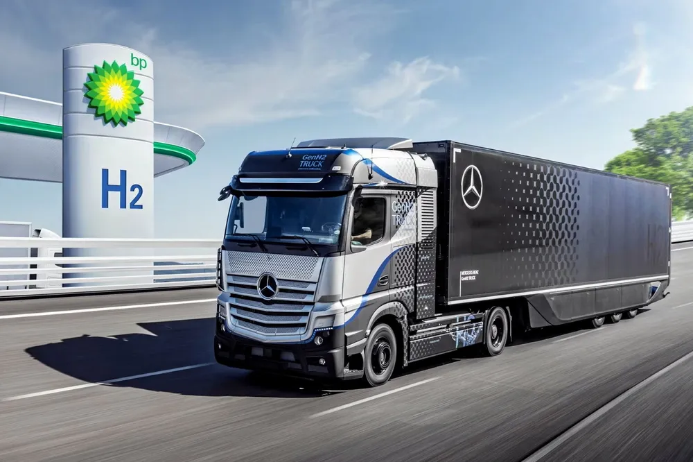 A picture released by BP in 2021 to promote a hydrogen-focused partnership with Daimler Trucks.