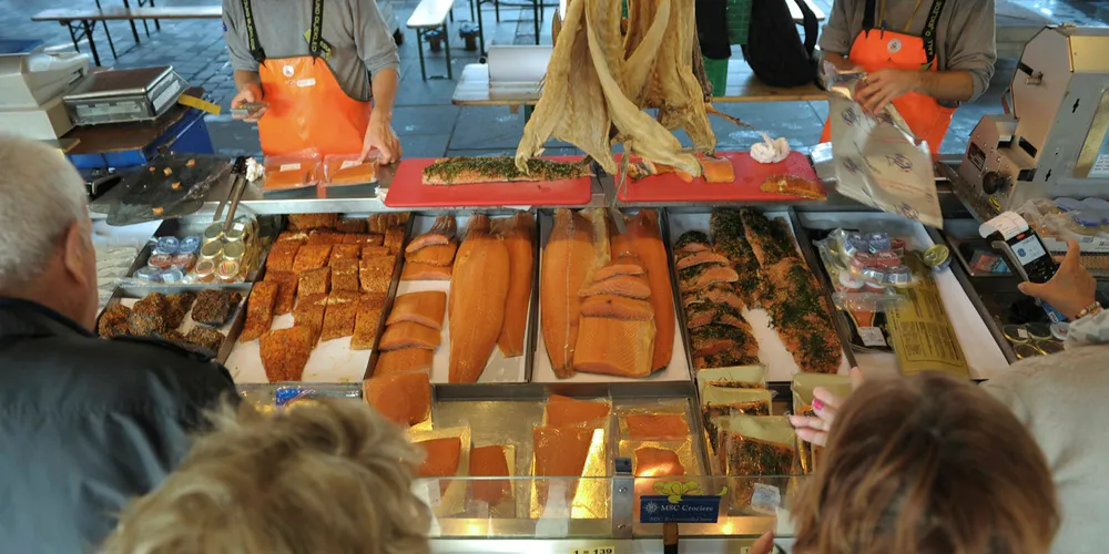 A Fish Market near the Norwegian harbor of Bergen. Norway provides more than half of the world's salmon production.