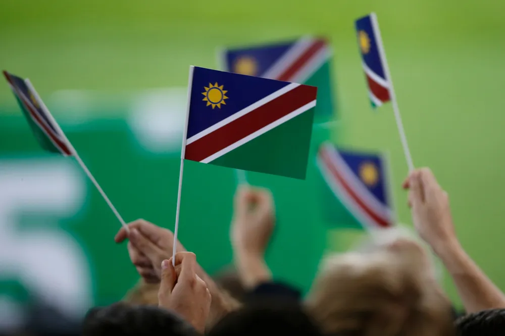 Rugby fans hold Namibia flags.