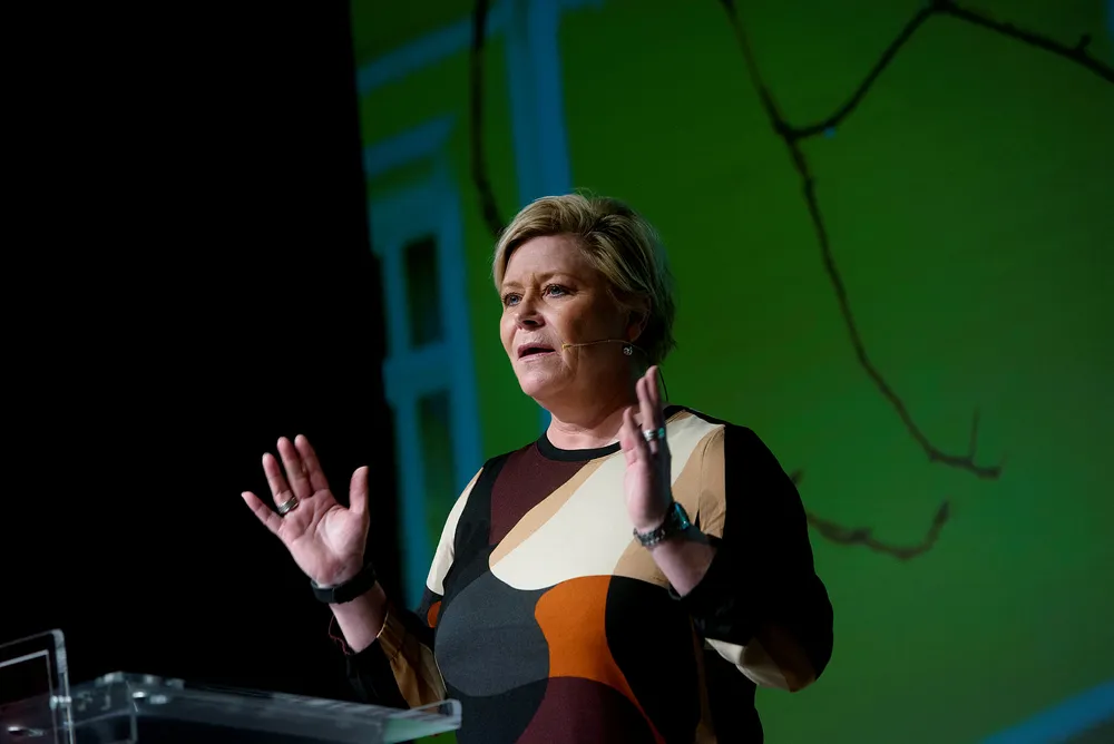 Finansminister Siv Jensen (Frp), her på Eiendom Norges konferanse.