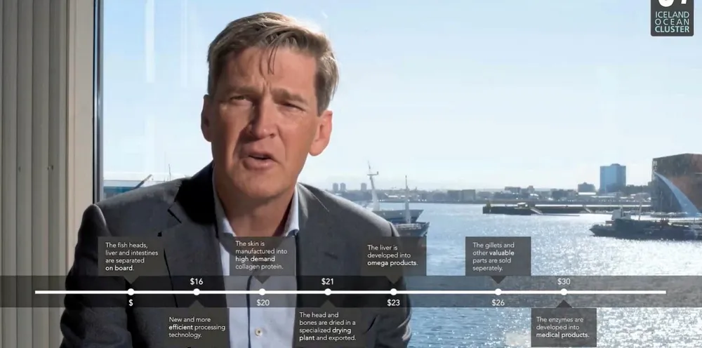 Thor Sigfusson, som er grunnlegger og styreleder i The Iceland Ocean Cluster, viser at det er mulig å doble verdien av torsk, fra 15 USdollar til 30 dollar ved å utnytte hele fisken.
