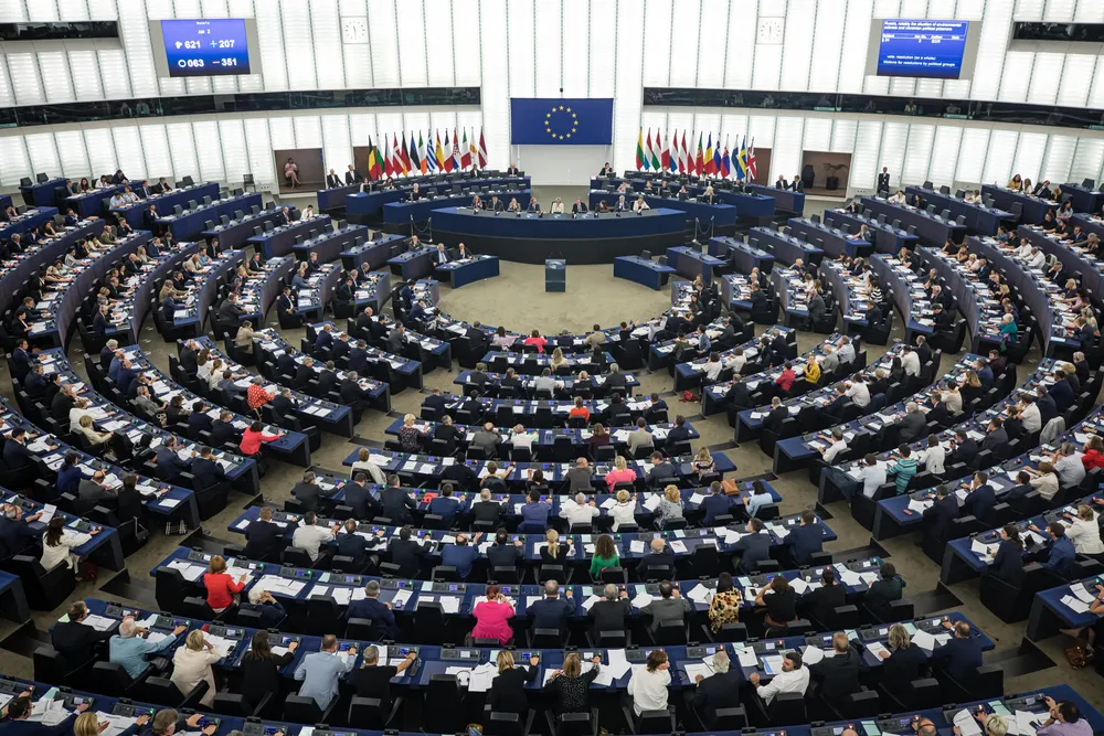 The plenary room at the European Parliament in Strasbourg, where Members of the European Parliament yesterday voted for the resolution on the RFNBO Delegated Act and the Clean Industrial Deal.