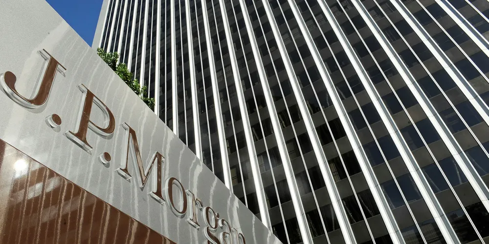 A JPMorgan sign is seen outside the office tower housing the financial services firm's Los Angeles, California offices.