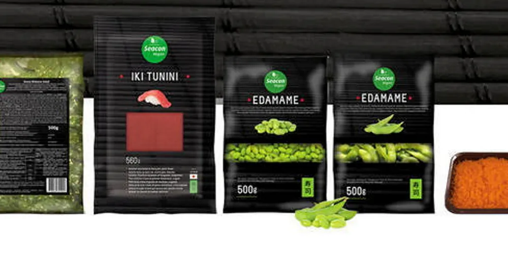 The Seacon Vegan product range comprises Iki Tunini and Iki Masagi, alongside edamame (soybeans) and wakame (seaweed salad).
