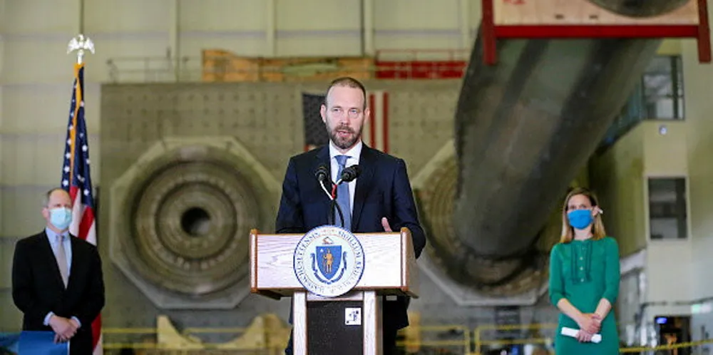 Vineyard Wind CEO Lars Pedersen speaks at a press conference.