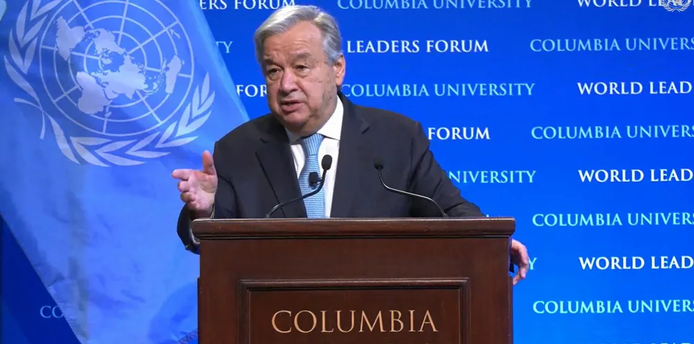 UN secretary-general António Guterres speaking at Columbia University on Wednesday.