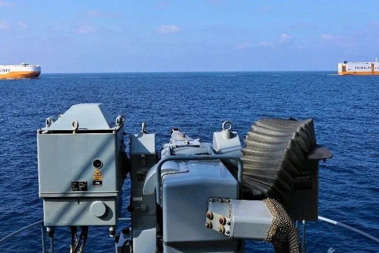 The German warship FGS Hessen provides protection to Grimaldi Lines and Linea Messina ships transiting the Red Sea.