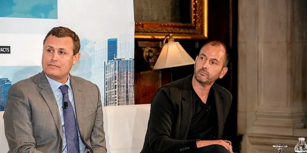 Larsen Mettler, managing director of S2G Ventures, and Chris Gorell Barnes, founding partner at Ocean 14 Capital speaking at the IntraFish Investor Forum in New York.