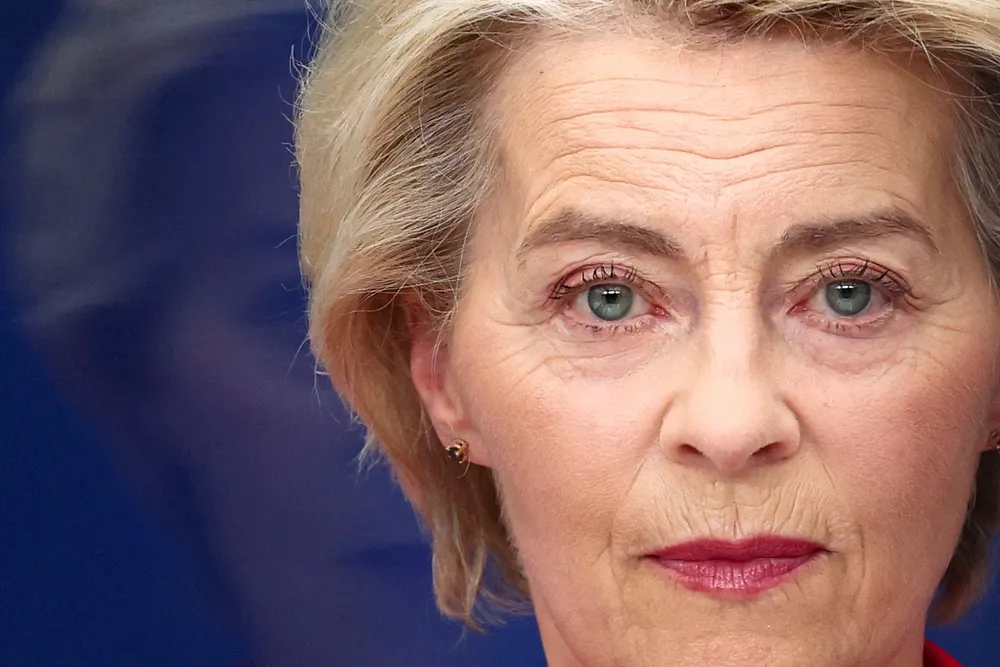European Commission President Ursula von der Leyen looks on during a press point on 18th package of sanctions against Russia, in Brussels, Belgium on Tuesday.