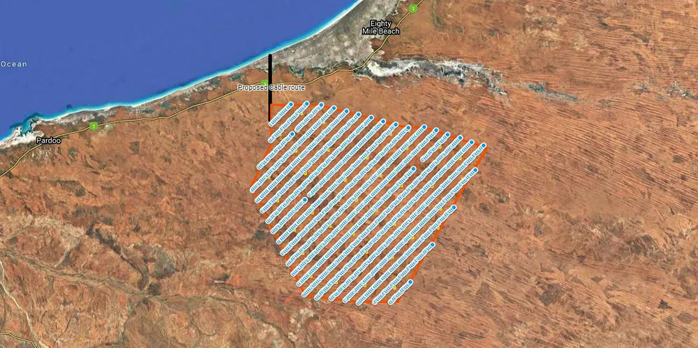 Map of the up-to-15GW Asian Renewable Energy Hub in Western Australia, showing wind turbine locations and export cable route (in black).