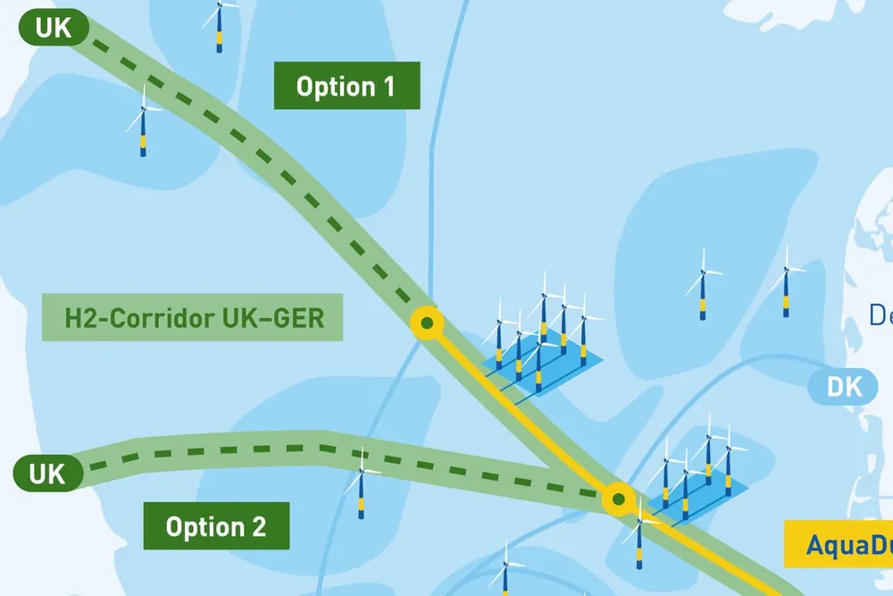 Map showing the two cross-border hydrogen pipeline options being considered by Gascade and National Gas.