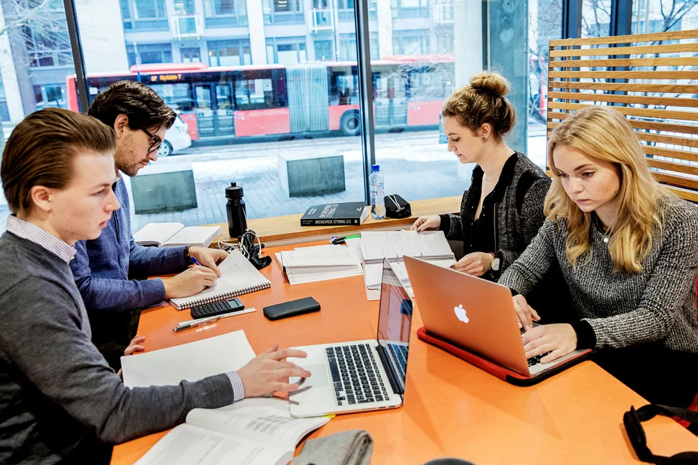 Studentene Christian Glosli (20) (fra venstre), Carl-Johan Mattsson (24), Kristina Myklestu (20) og Mari Elvestad (24) ved Handelshøyskolen BI i Oslo synes faglige diskusjoner blir bedre i mindre grupper. Foto: Fredrik Bjerknes