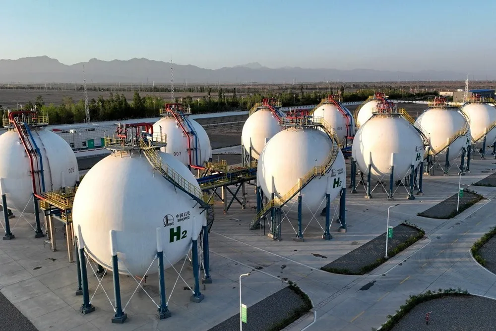 Hydrogen storage tanks at Sinopec's 260MW Kuqa green hydrogen project, the world's largest in operation to date, in Xinjiang, China.