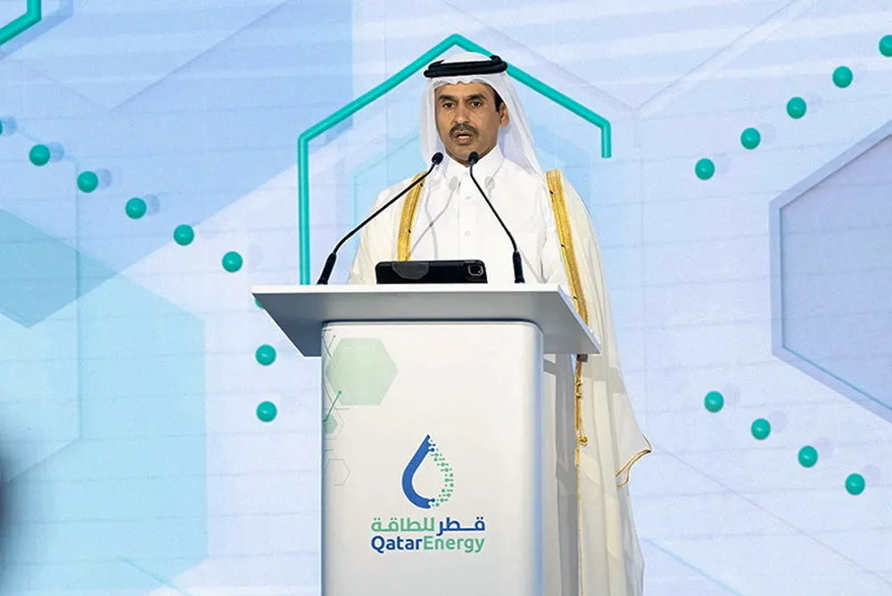 Saad Sherida Al-Kaabi, Qatar’s minister of energy and the CEO of QatarEnergy, speaking at the blue ammonia plant's groundbreaking ceremony.