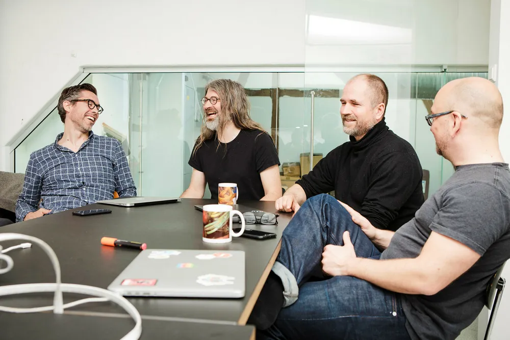 Magnus Kongsli Hillestad (fra venstre), Simen Svale Skogsrud, Øyvind Rostad og Even Eidsten Westvang har store forhåpninger til innholds­verktøyet de har vært med og utvikle. Foto: Sebastian S. Bjerkvik