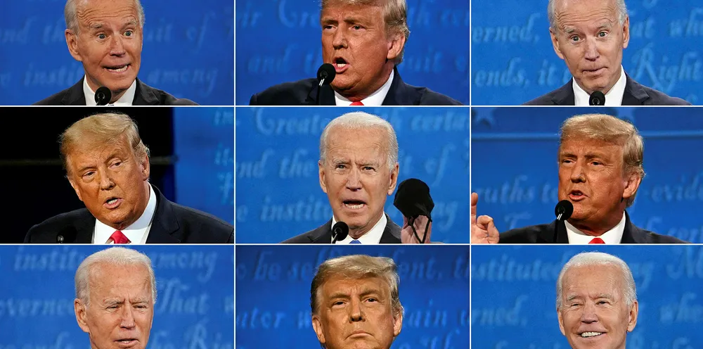 Tiled photos of US President Donald Trump and Democratic Presidential candidate Joe Biden during the final presidential debate in Nashville, Tennessee