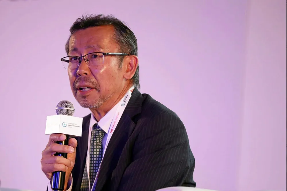 Toshihisa Doi, managing director for Kawasaki Heavy Industries Middle East, speaking at the Connecting Green Hydrogen MENA conference.
