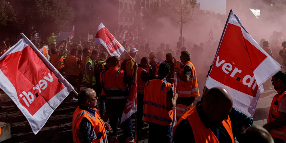 Port workers demonstrate under the slogan ‘stop the inflation monster’ in Hamburg, as the ver.di union calls for a 24-hour strike mirroring actions by their counterparts in the UK and elsewhere.