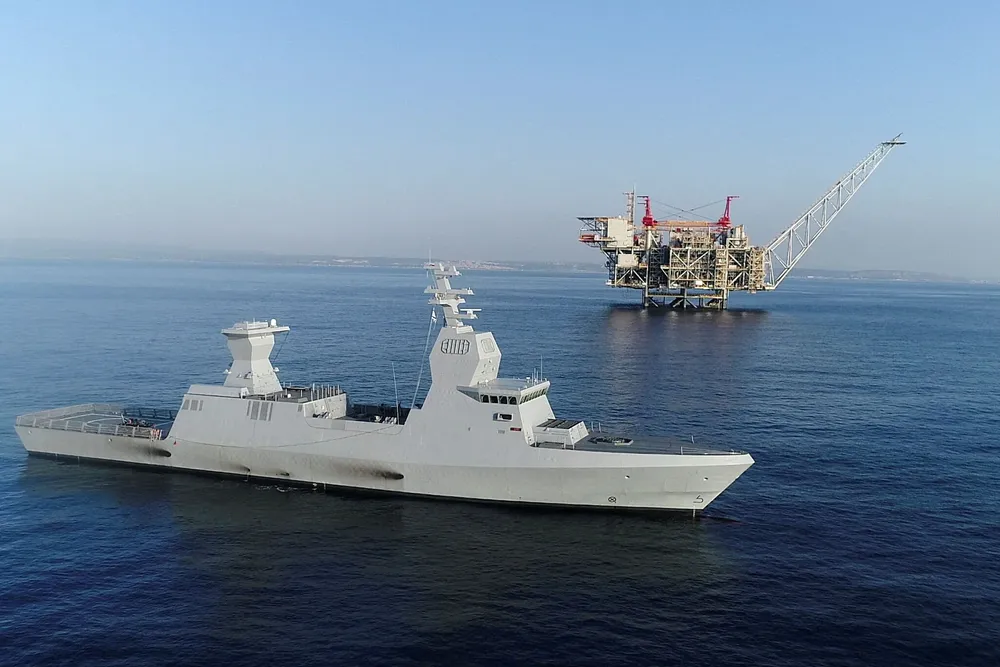 In 2020, an Israeli naval vessel patrols close to the Leviathan platform on Israel's continental shelf.