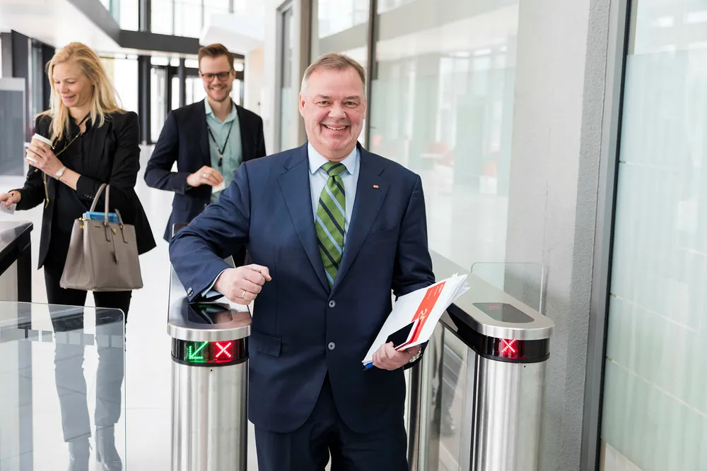 – Dette er et offensivt grep for økt vekst innen sparing og pensjon, som i økende grad blir til ett marked fremover, sier konsernsjef Odd Arild Grefstad i Storebrand. Foto: Gunnar Lier