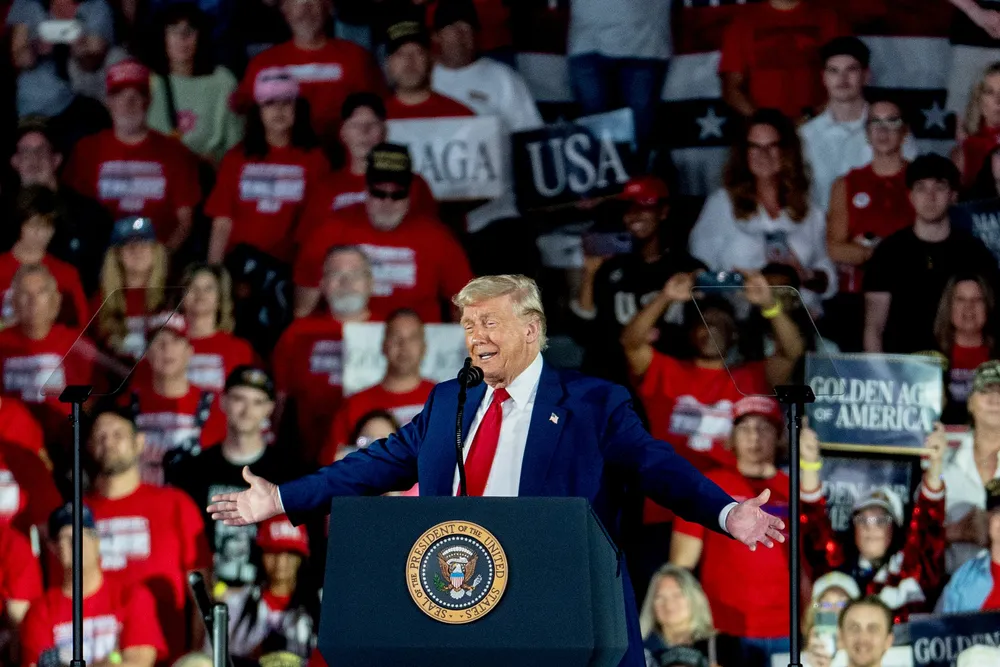 President Donald Trump during a 100th-day rally in Warren, Michigan on 29 April.
