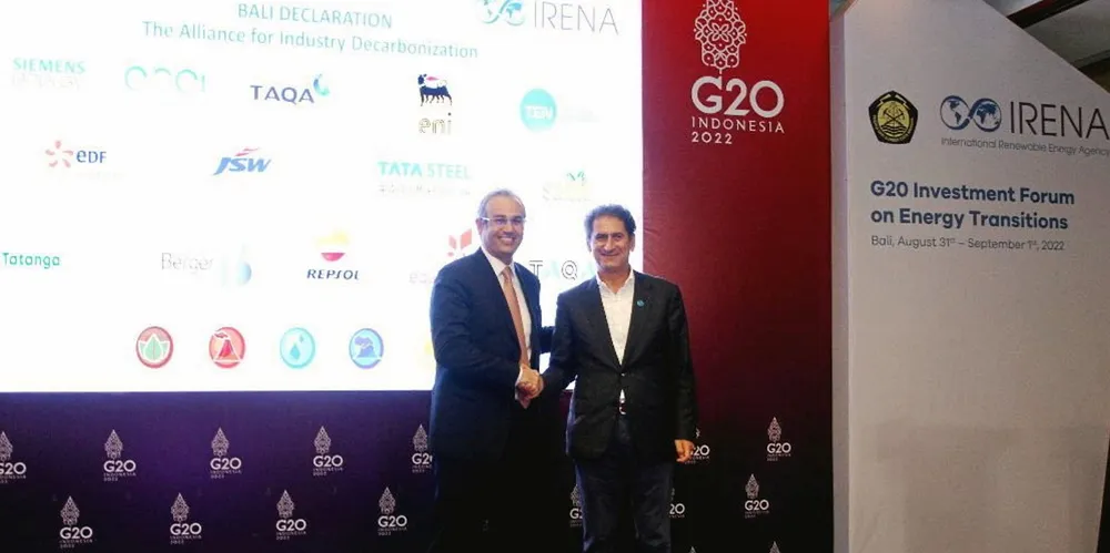 Siemens Energy board member Karim Amin (l) and Irena director-general Francesco de la Camera (r) at launch of Alliance for Industry Decarbonisation. Frontpage image, Shutterstock.