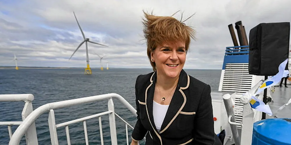 First Minister of Scotland, Nicola Sturgeon attends the opening of The European Offshore Wind Deployment Centre located in Aberdeen Bay in 2018 in Aberdeen.