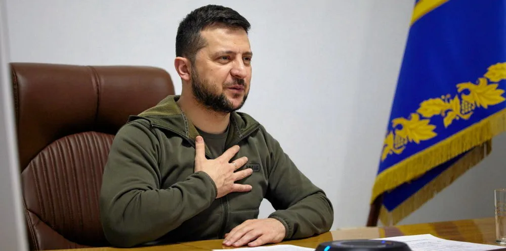 Volodymyr Zelensky, Ukraine President, speaking via conference call to the Swedish Riksdag on March 24.