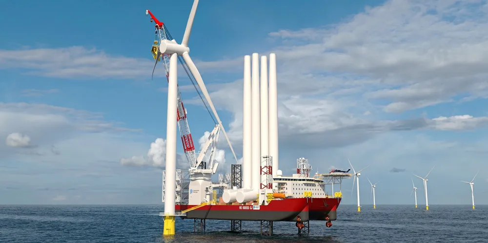 An artist's rendering shows Dominion Energy's newbuilding wind turbine installation vessel Charybdis. The WTIV is under construction at Keppel AmFELS in Texas.