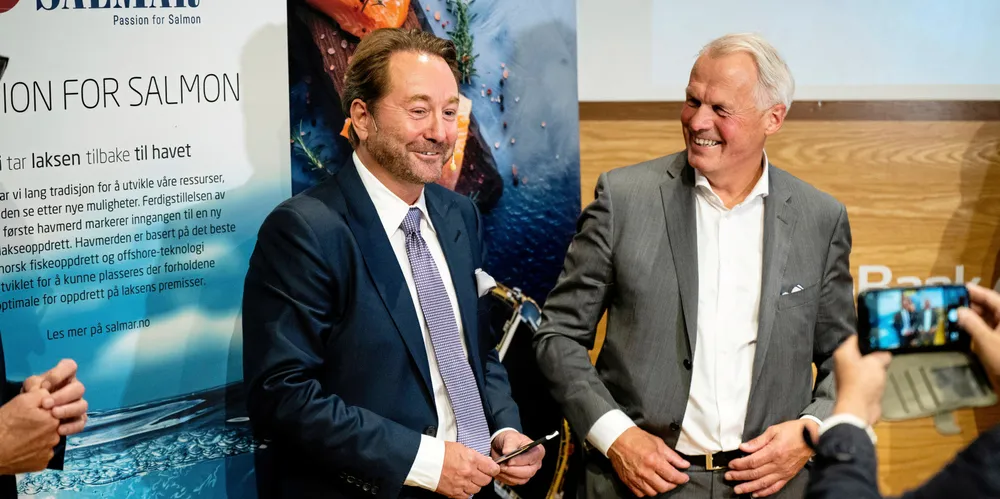 Offshore Farm 1 is a joint venture established in 2021 between SalMar, headed by CEO Gustav Witzoe, (right) and Kjell Inge Rokke-owned Aker,