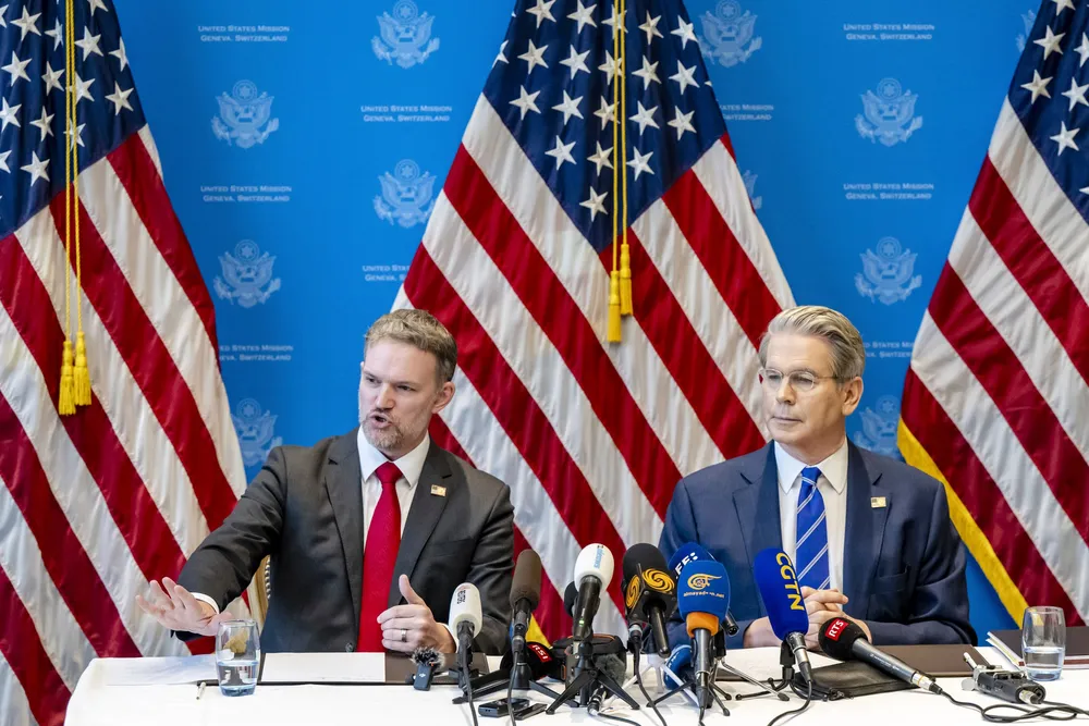 US Trade Representative Jamieson Greer (left) and US Secretary of the Treasury Scott Bessent take part in a press conference after two days of closed-door discussions on trade between the US and China, in Geneva, Switzerland, on Monday.