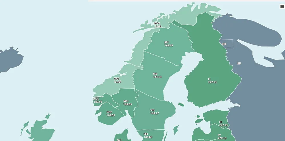 Spotpriser i Norden 19. mai 2022. Uten russisk import av strøm får Finland den høyeste prisen i Nord-Europa.