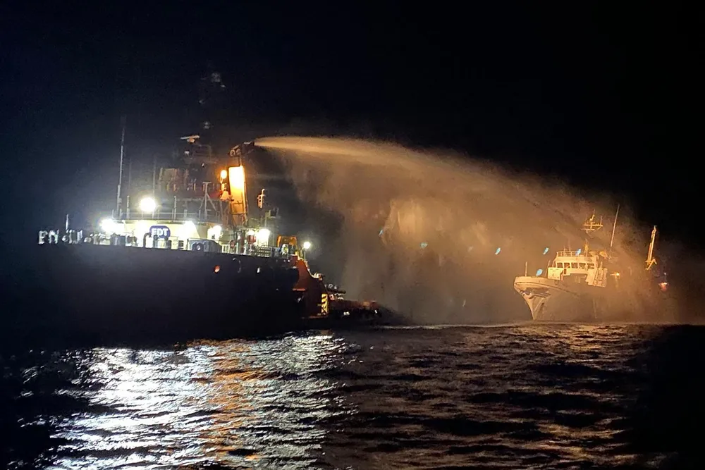 A Maltese vessel douses a Freedom Flotilla Coalition vessel with water after it was struck by drones.