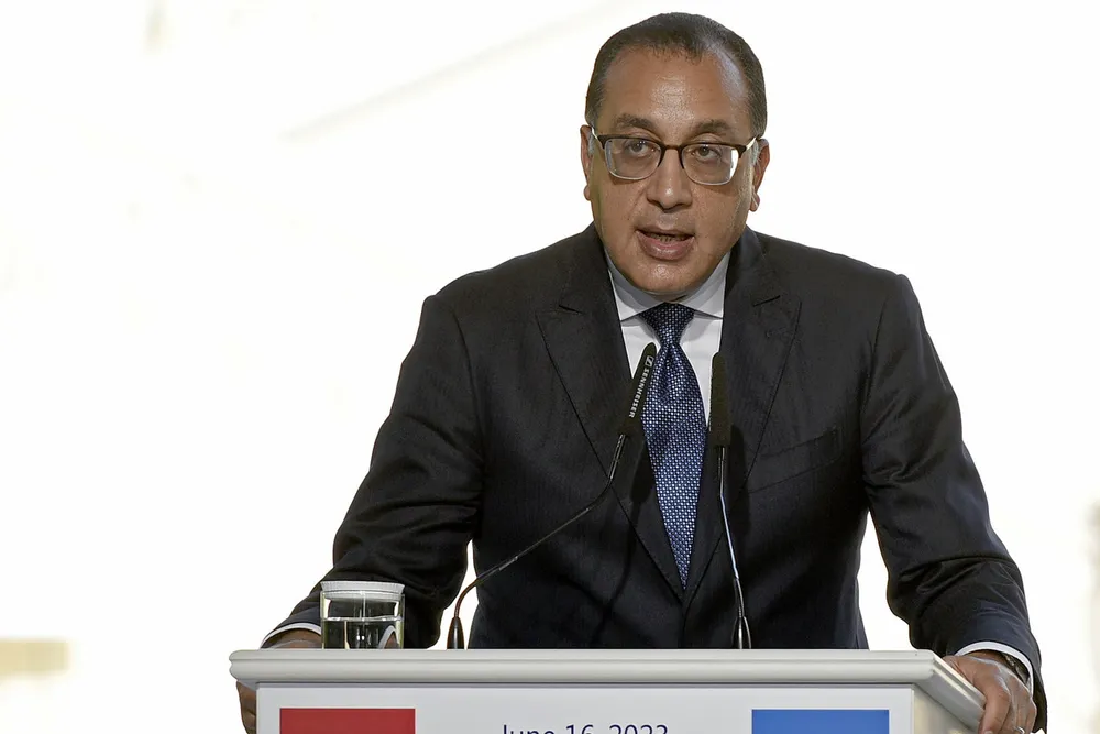 Egyptian prime minister Mostafa Madbouly speaking in Kiev in June.