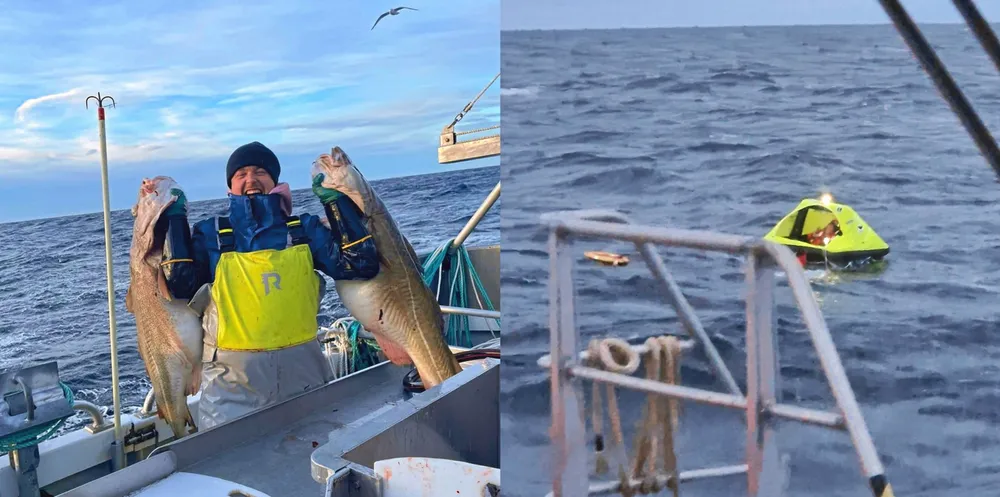 Erik Manin forliste med båten «Lero» 29. november utenfor Sørøya. På bildet til høyre ser du redningsflåten, der Erik sitter før han blir tatt om bord i redningsskøyten.